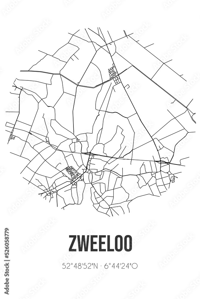 Abstract street map of Zweeloo located in Drenthe municipality of Coevorden. City map with lines Abstract street map of Zweeloo located in Drenthe municipality of Coevorden. City map with lines