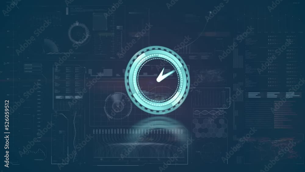 Animation of clock moving fast and data processing on screen Animation of clock moving fast and data processing on screen