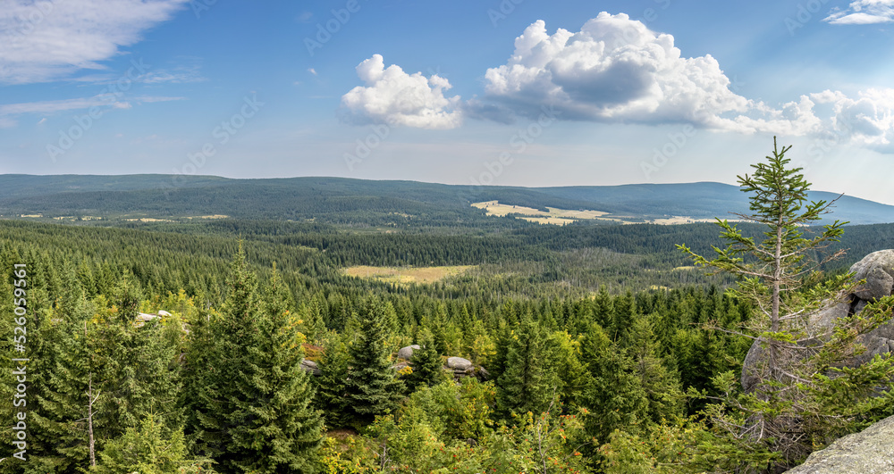 Panorama of summer mountain landscape from high stony viewpoint