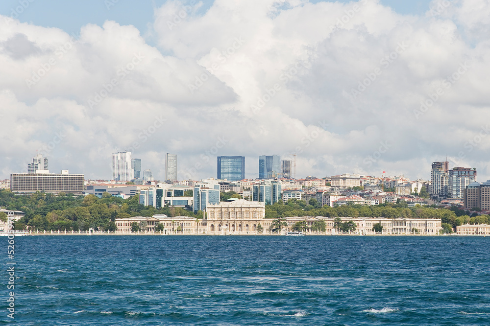 Panoramic view of the new city of Istanbul taken from the Bosphorus strait with the neoclassical Dolmabahce palace of 1843 - Any visible branding has been removed