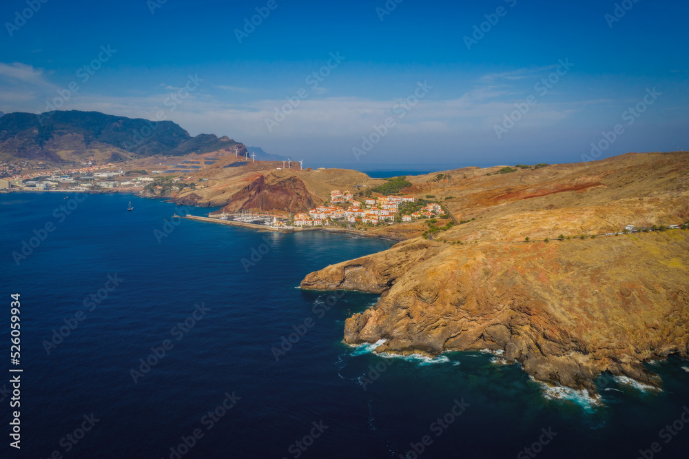 Quinta de Lorde village resort, Canical region, Madeira island. October 2021. Aerial drone panoramic picture