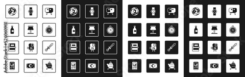 Set TV table stand, Table lamp, Bottle of wine, Ancient coin, Pocket watch, Wrist, Medieval sword and Book icon. Vector