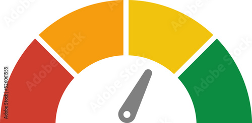 Vector speedometer meter with arrow for dashboard with green, yellow, red indicators. Gauge of tachometer. Low, medium, high and risk levels. Bitcoin fear and greed index cryptocurrency