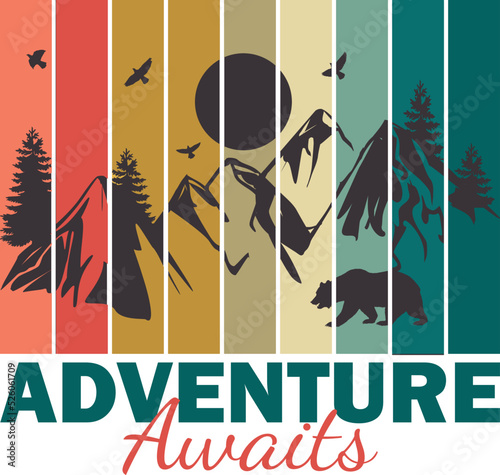 Vector drawing Adventures await, print for t-shirt, poster, sticker. Vector elements.