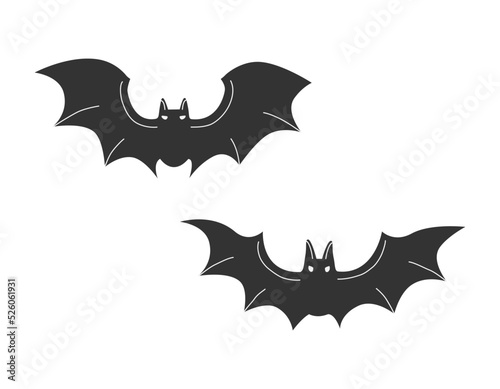 Hand drawn cute cartoon illustration of two bats. Flat vector Halloween spooky character sticker in simple colored doodle style. Evil flittermouse icon or print. Isolated on white background.