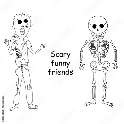 Skeleton and Zombie doodle Halloween illustration, vector icon