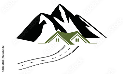 Rural scenery landscape panorama of countryside pastures. Green small house on basement of small hills. Vector sketch illustration