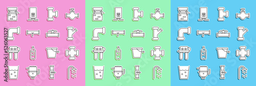 Set line Shower, Industry metallic pipe, Broken with leaking water, Well and and valve icon. Vector