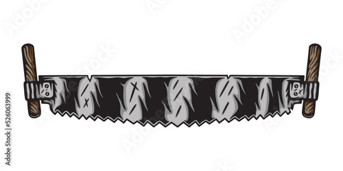 Vintage retro mechanic woodwork 2 hand saw. Can be used like emblem, logo, badge, label. mark, poster or print. Monochrome Graphic Art. Vector. Hand drawn element in engraving style.