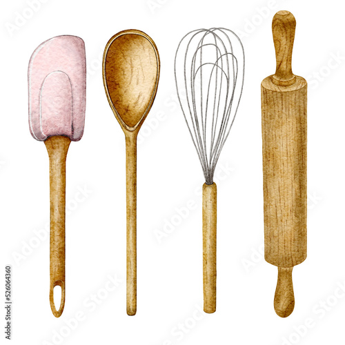 Whisk, rolling pin, spoon with wooden handle painted in watercolor. Kitchenware and utensils on a white background. High quality illustration
