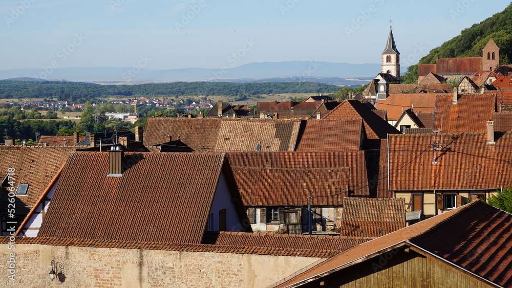 the roofs of some houses in the village Oberbronn in the region Alsace in France in the month of August