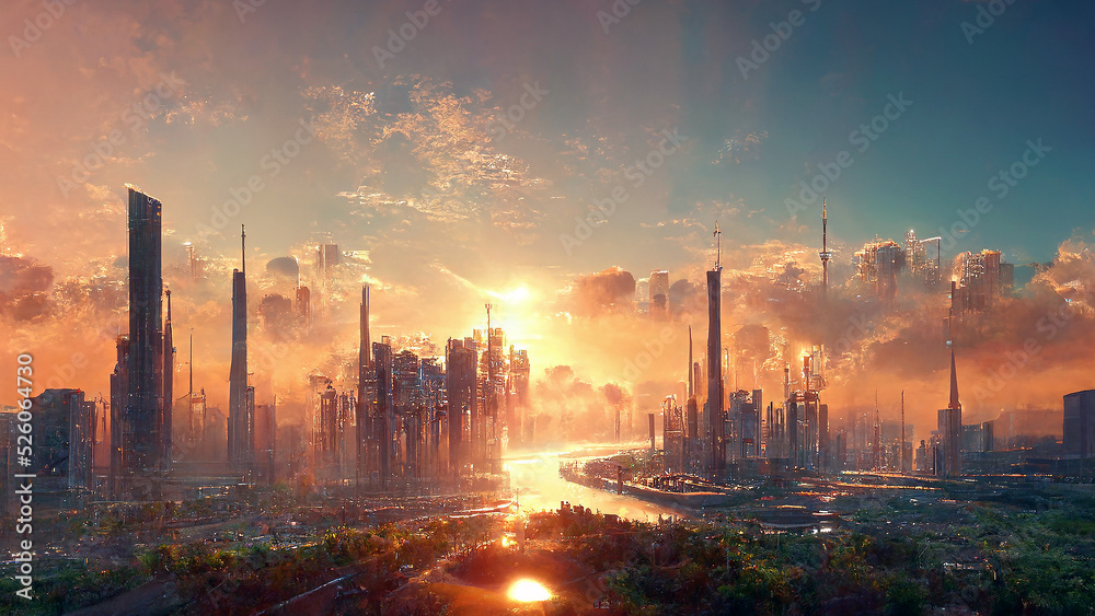 Futuristic city, digital illustration, skyscrapers, architecture