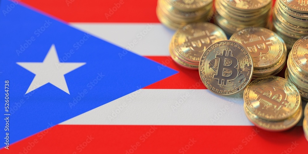 Many bitcoins and national flag of Puerto Rico, cryptocurrency laws related conceptual 3d rendering