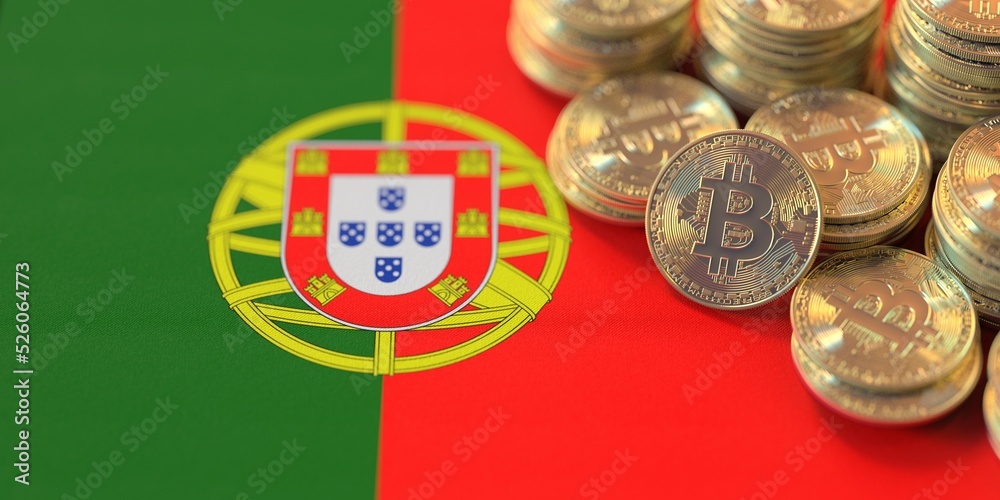 Many bitcoins and national flag of Portugal, cryptocurrency laws related conceptual 3d rendering