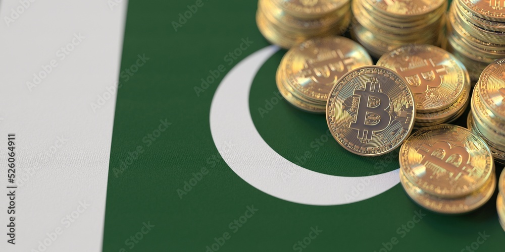 Pile of bitcoins and flag of Pakistan. National cryptocurrency regulations conceptual 3d rendering