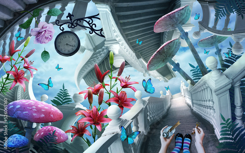 a fantastic landscape with surreal ladders , clocks, magic mushrooms. Blue butterflies fly over beautiful flowers. The hands hold the potion and the key. Go to wonderland photo