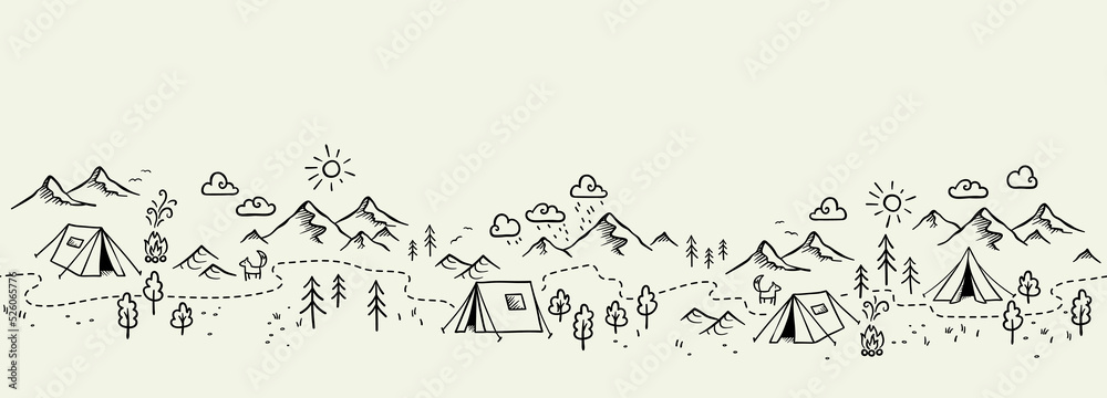 Cute hand drawn vector camping seamless pattern, great for textiles, banners, wallpapers - doodle tents, trees, mountains