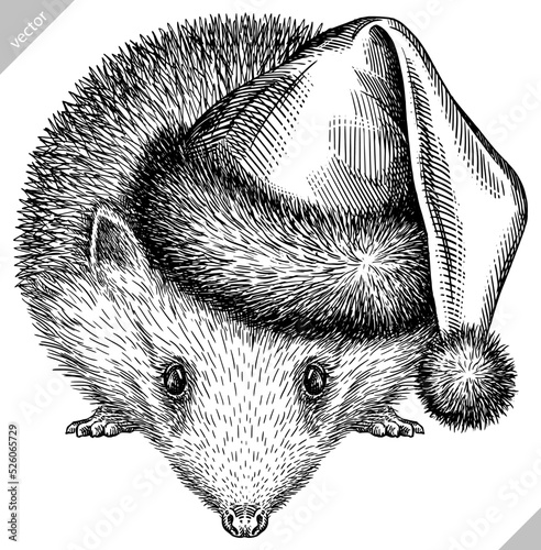 Vintage engrave isolated christmas hedgehog set illustration santa costume cut ink sketch. Wild pet background line new year hat hedge vector art
