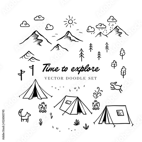 Cute hand drawn camping doodle elements, landscape, trees, tents and decoration