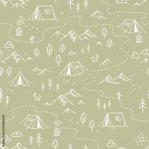 Cute hand drawn vector camping seamless pattern, great for textiles, banners, wallpapers - doodle tents, trees, mountains