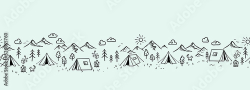 Cute hand drawn vector camping seamless pattern, great for textiles, banners, wallpapers - doodle tents, trees, mountains