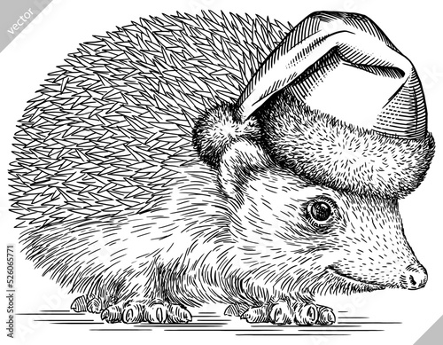 Vintage engrave isolated christmas hedgehog set illustration santa costume cut ink sketch. Wild pet background line new year hat hedge vector art