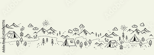 Cute hand drawn vector camping seamless pattern, great for textiles, banners, wallpapers - doodle tents, trees, mountains photo