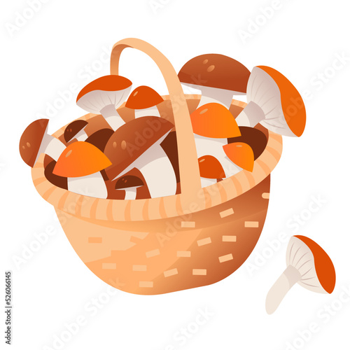 Mushrooms in a wicker basket. Autumn mushrooms. Cartoon vector illustration