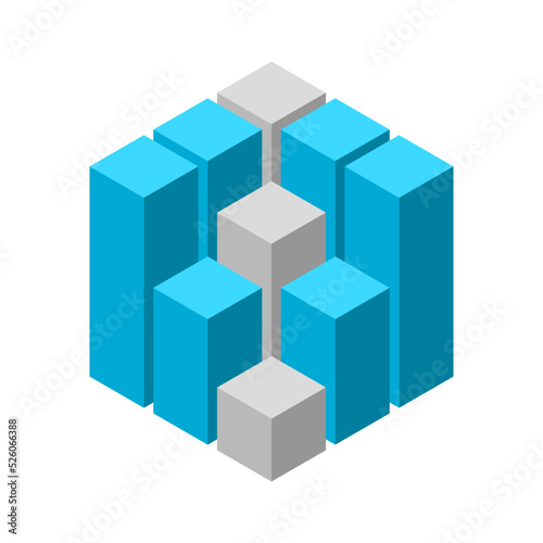 3D graph cube template. Statistics, data, calculation concept. Blue and gray columns and rows. Algorithm prediction idea. Financial chart symbol. Volatile stock market. Vector illustration, clip art. 