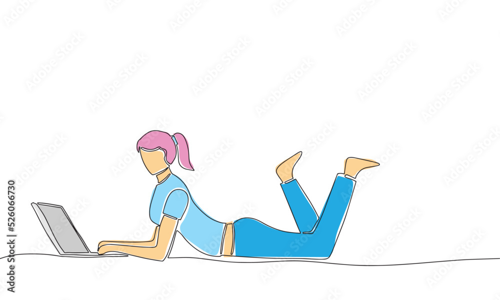 Girl with pink hair lay and work with laptop. Girl with laptop in outline line art modern style with color. Freelance, work from home