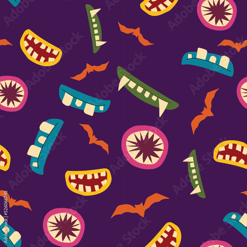 Seamless pattern for Halloween with color scary fun monster mouth on dark purple background.  