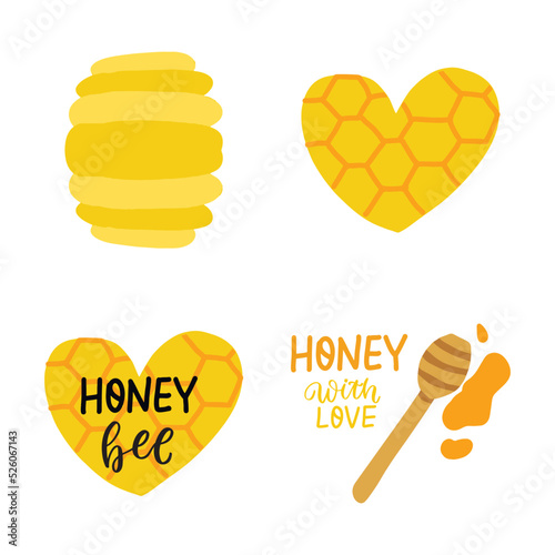Cute cartoon honey and honey bee concept. Honeycomb and hive with yellow honey.
