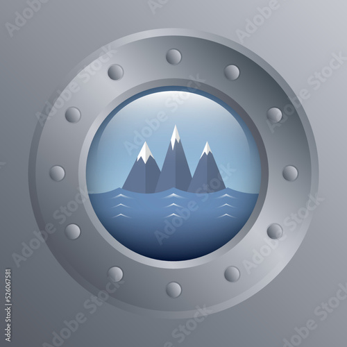 porthole with iceberg seascape view marine winter design