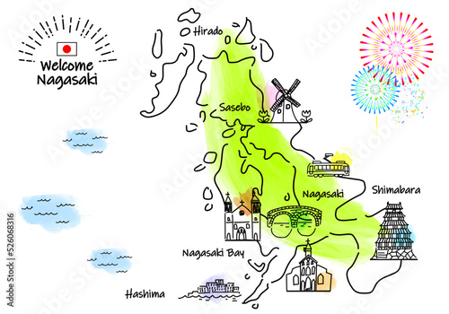 手描きの長崎県の観光地のシンプル線画イラストマップ