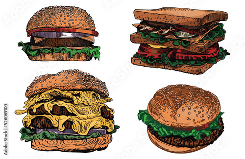 Vector set of fast food isolated on white. Graphical color  burgers 