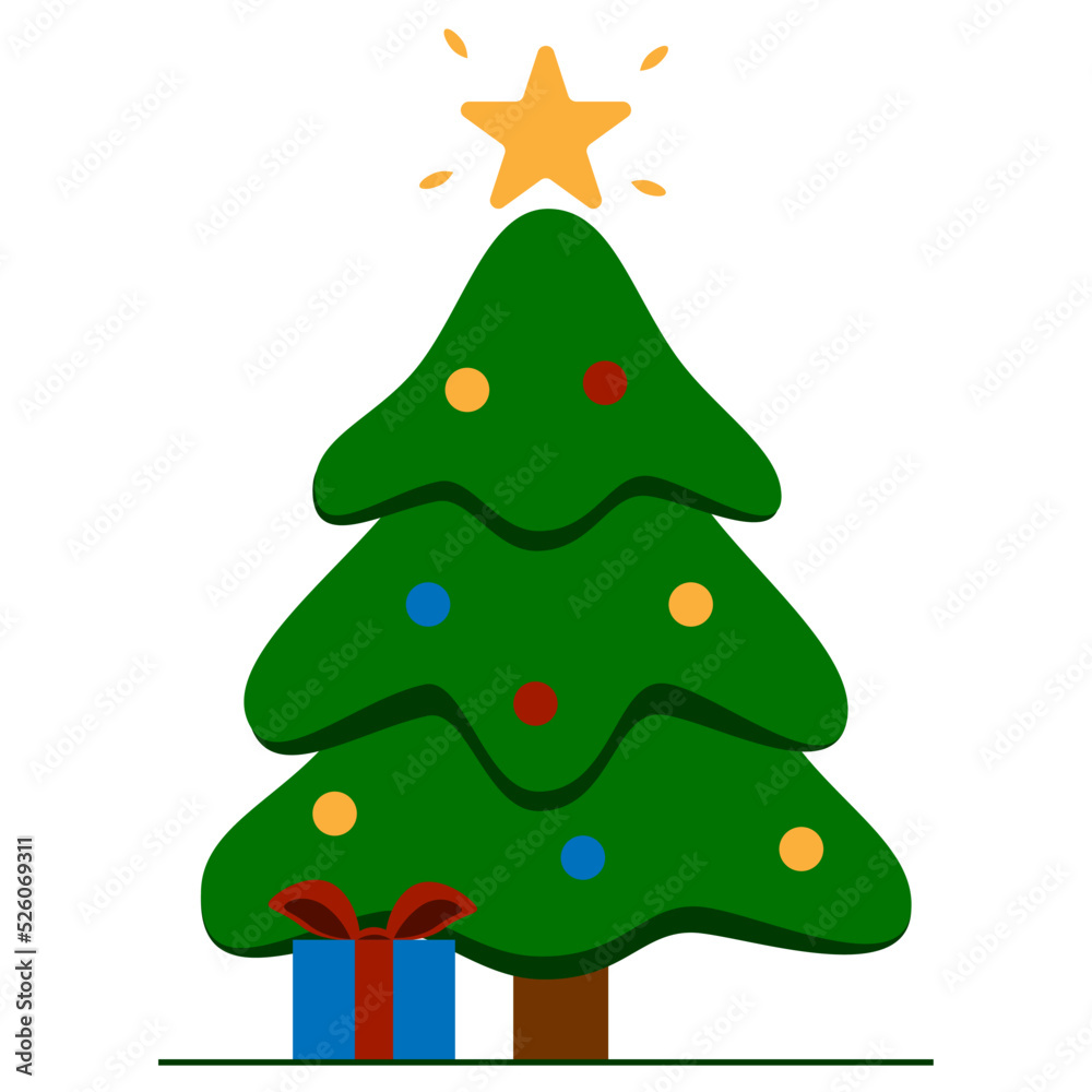Christmas tree with gift and star in cartoon style vector illustration Christmas tree with gift and star in cartoon style vector illustration