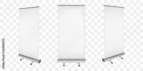 A set of roll up banner. 3d template for your design. For promotional presentation. Realistic vector illustration isolated on transparent background.