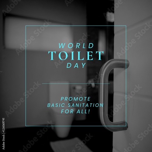 Digital image of world toilet day promote basic sanitation for all text by door handle in bathroom