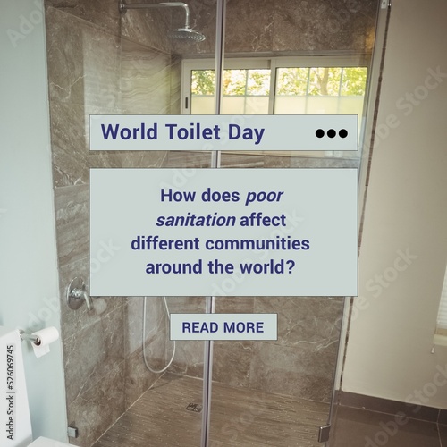 Digital composite image of world toilet day text with question in bathroom, copy space