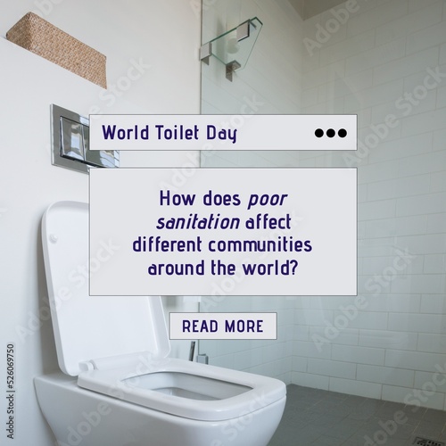 Digital composite image of world toilet day text with question by commode in bathroom, copy space