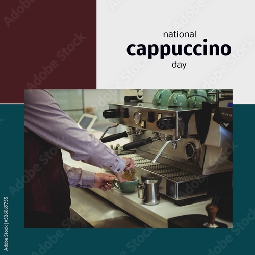 Digital image of caucasian barista making coffee using machine with national cappuccino day text
