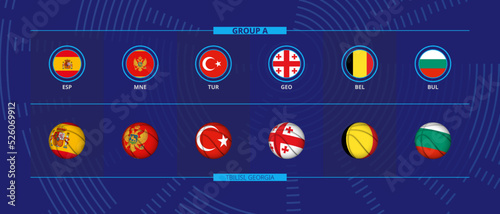Icon and basketball ball with flags of participants of Group A, European Basketball Competition.