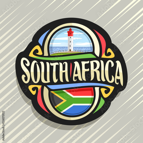 Vector logo for South Africa country, fridge magnet with south african state flag, original brush typeface for words south africa and national symbol - lighthouse at Umhlanga Rocks on sea background