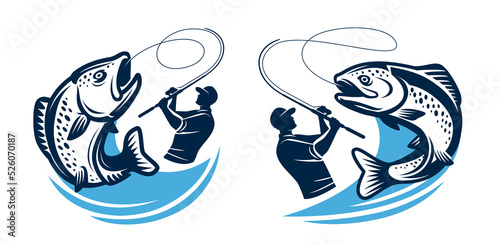 Fishing logo or badge. Fisherman catches big fish on spinning rod. Angling symbol isolated. Vector illustration