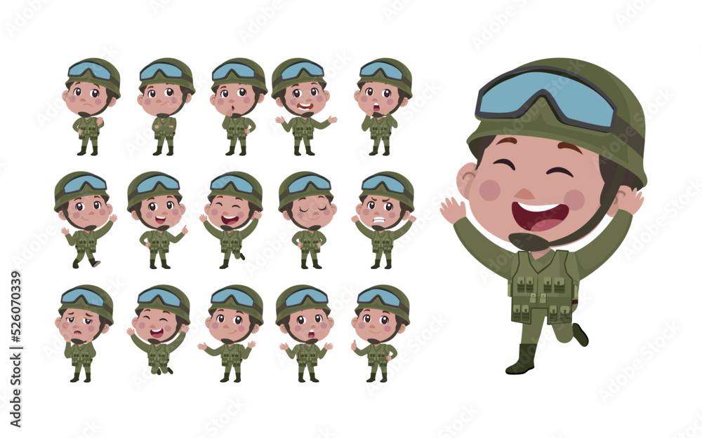 Army soldier in uniform with difference action Army soldier in uniform with difference action