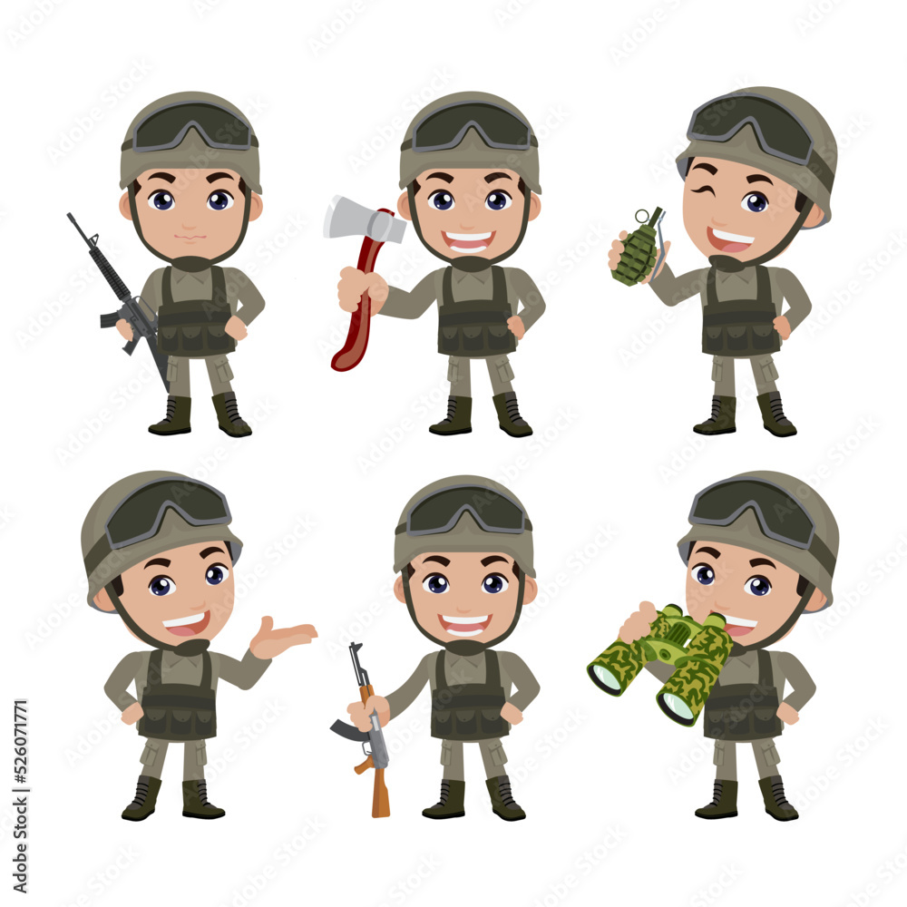 Set of army soldiers man in uniform with difference action Set of army soldiers man in uniform with difference action