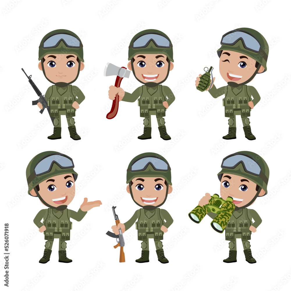 Set of army soldiers man in uniform with difference action Set of army soldiers man in uniform with difference action