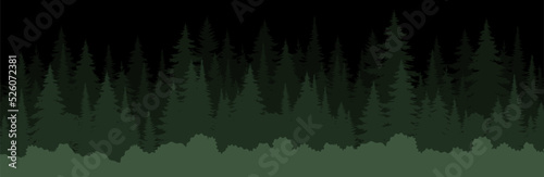 Vector mountains forest background texture, silhouette of coniferous forest, vector. Night trees, spruce, fir. Horizontal landscape layered.
