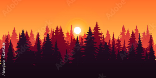 Vector autumn horizontal landscape with fog, forest, spruce, fir, and morning sunlight. Fall season Illustration of panoramic view silhouette, mist and mountains. Fire in the woods
