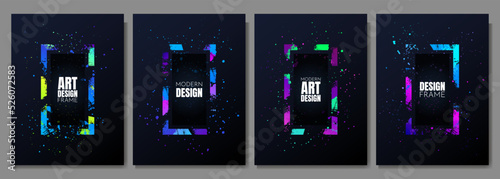 Vector frame for text. Modern Art graphics. Dynamic frame stylish geometric black background. Element for design business cards, invitations, gift cards, flyers and brochures. Distruction color paint photo